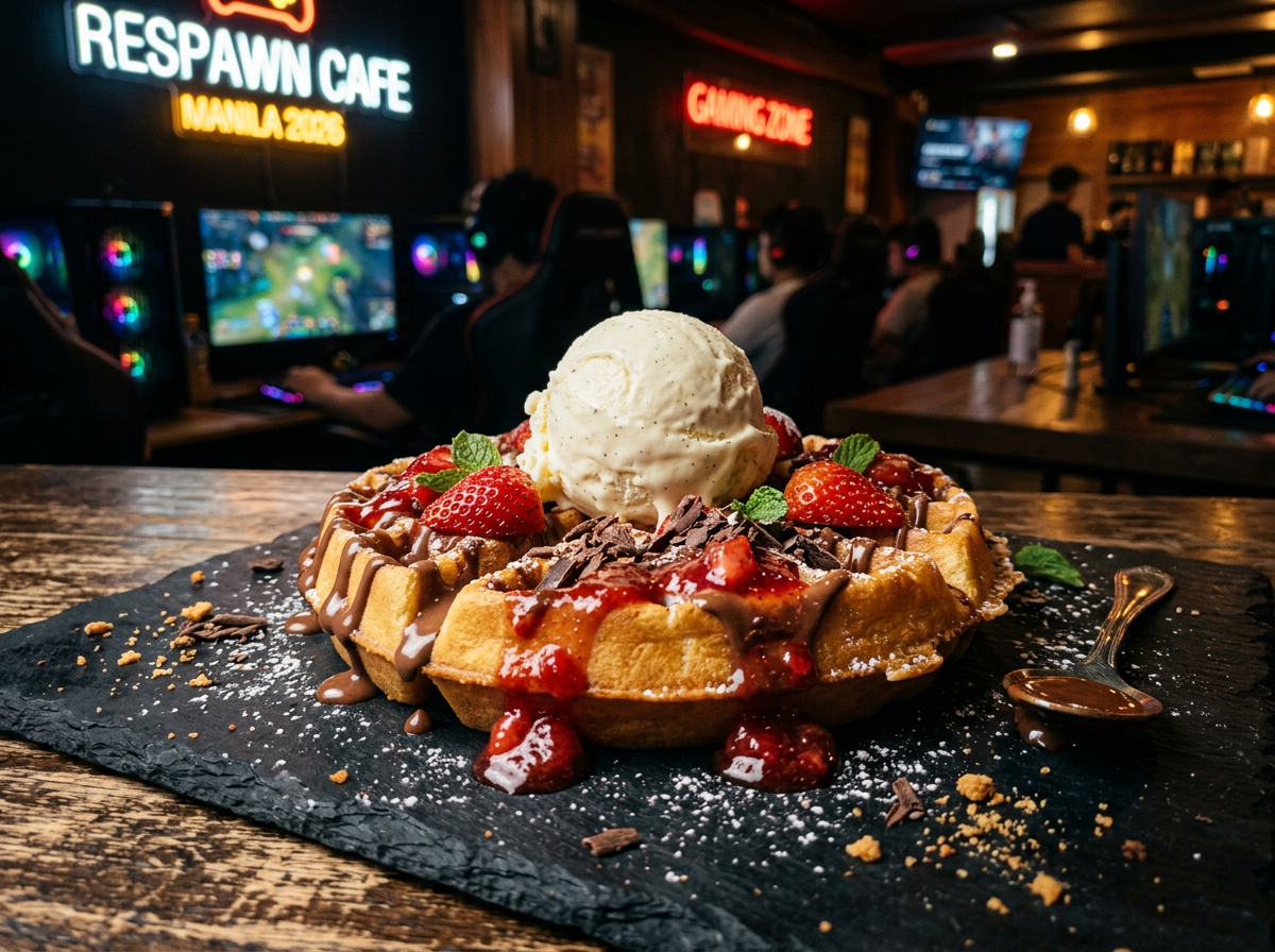 Waffle with ice cream and strawberry sauce