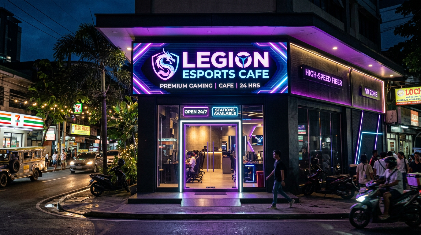 Delqari games cafe entrance exterior at night