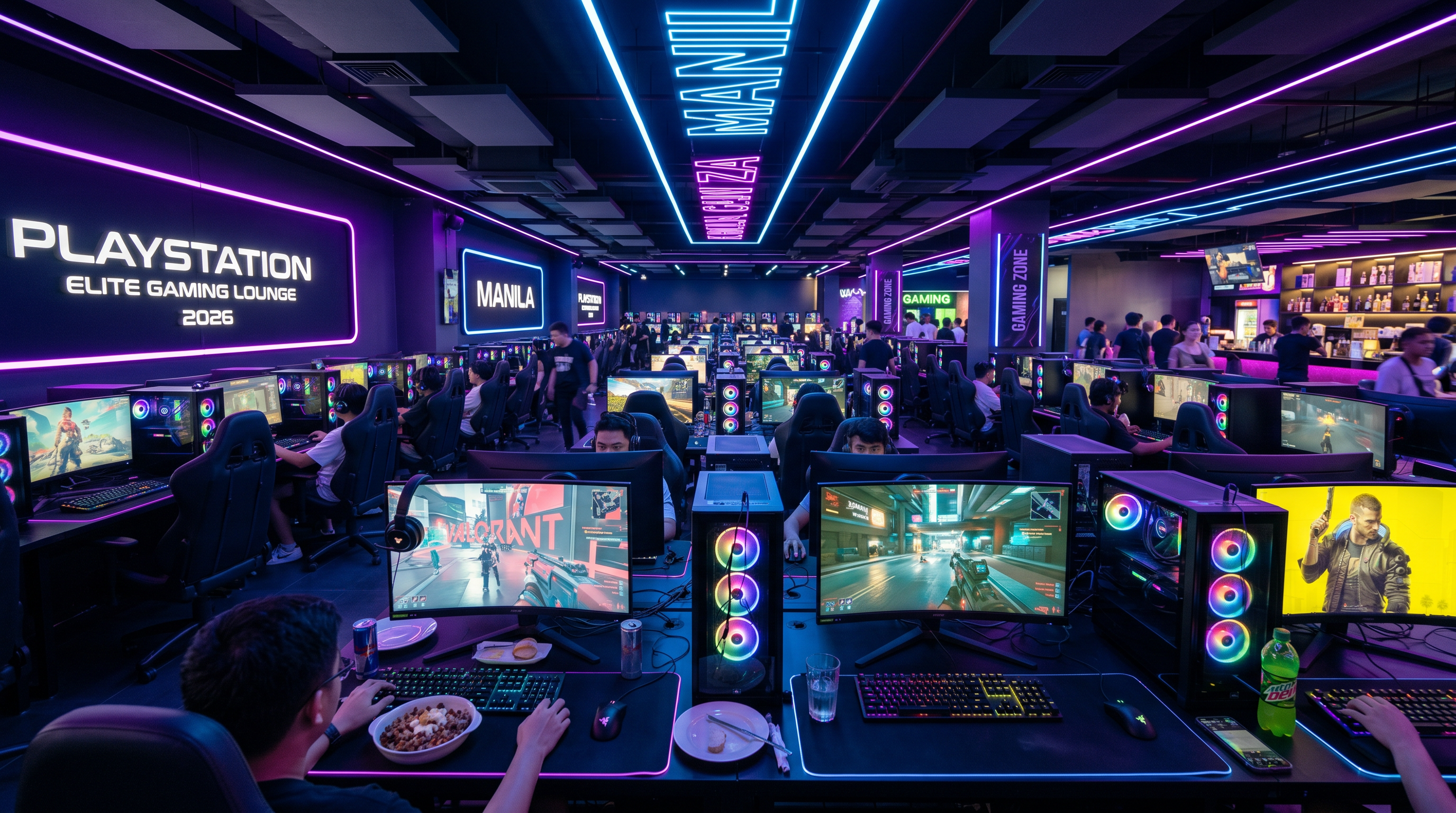Delqari games cafe interior with RGB lighting and games stations